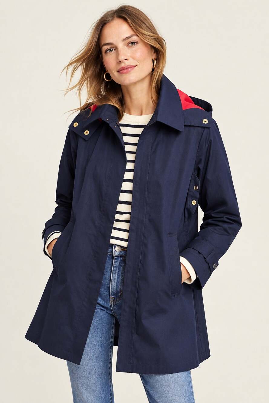 J.Crew Swing Trench Coat Navy Blue Red Hooded Cotton Jacket XS